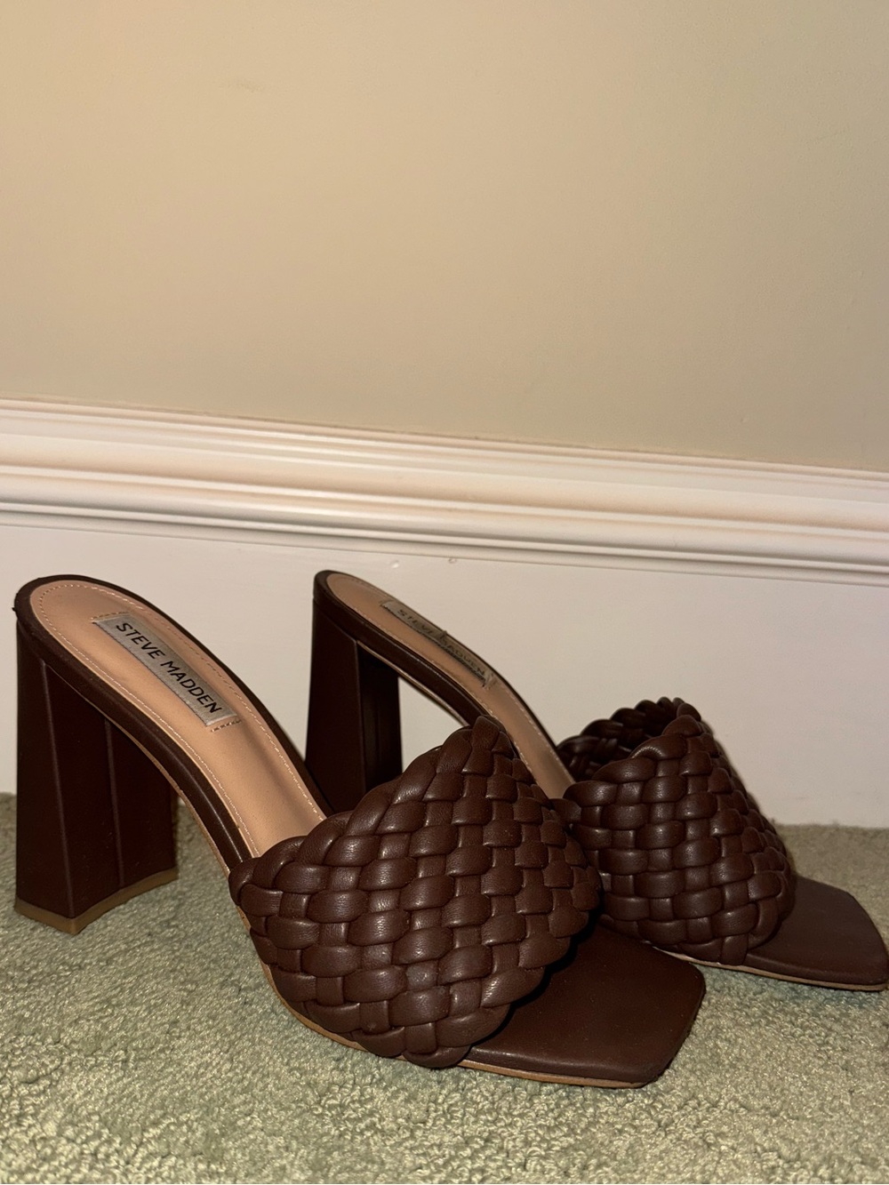 Steve Madden Brown Braided Block Heel Slide Sandals
